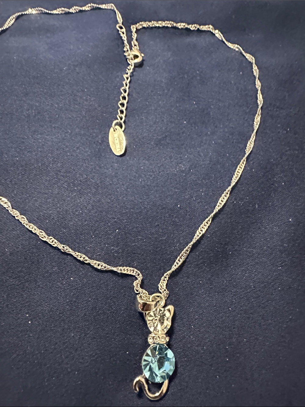 Gold-Tone Blue Crystal Cat Pendant Necklace